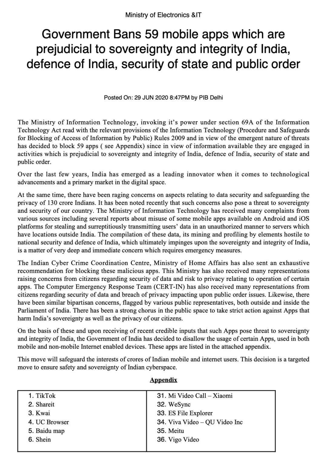 突发：印度政府正式宣布封杀59款中国APP