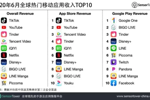 2020年6月全球热门移动应用收入TOP10