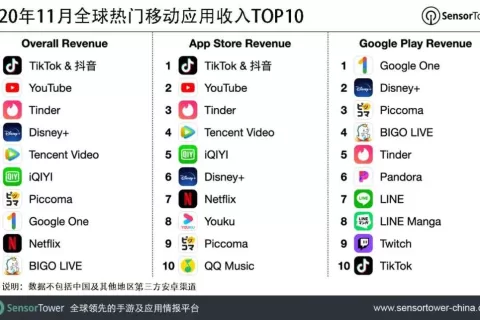 2020年11月全球热门移动应用收入TOP10