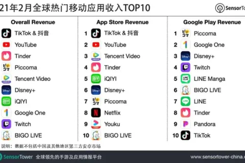 2021年2月全球热门移动应用收入TOP10