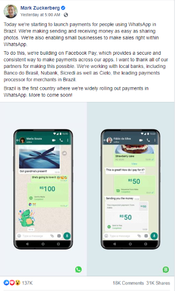 WhatsApp支付功能在巴西上线了，商机终于来了！