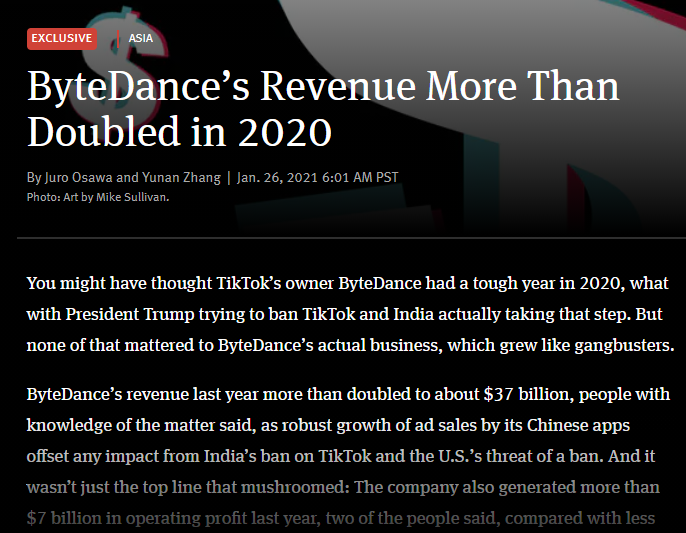 外媒：字节跳动2020营收近2400亿元，最早于今年IPO