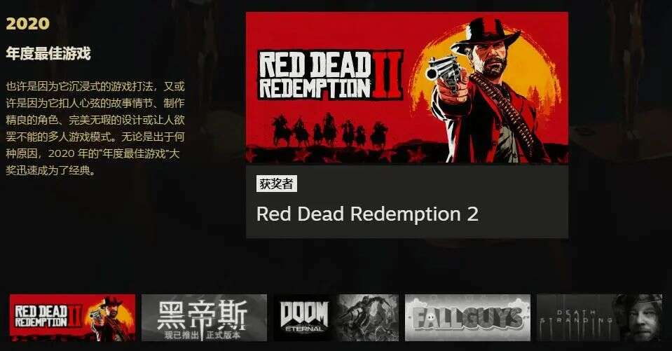 Steam年度大奖公布：R星《荒野大镖客2》获年度最佳