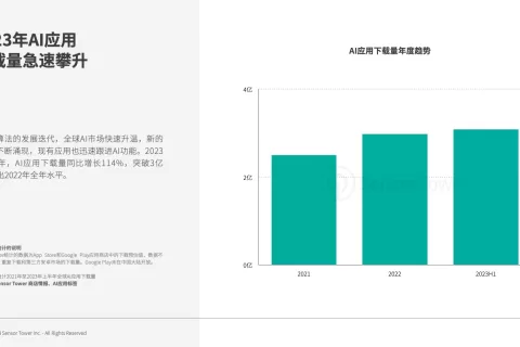《2023年AI应用市场洞察》- 2023年上半年下载量同比增长114%，突破3亿次，超过2022年全年水平