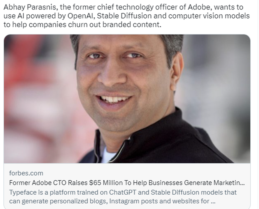 提供ChatGPT营销服务Typeface获得6500万美元A轮融资，微软和谷歌联合参投