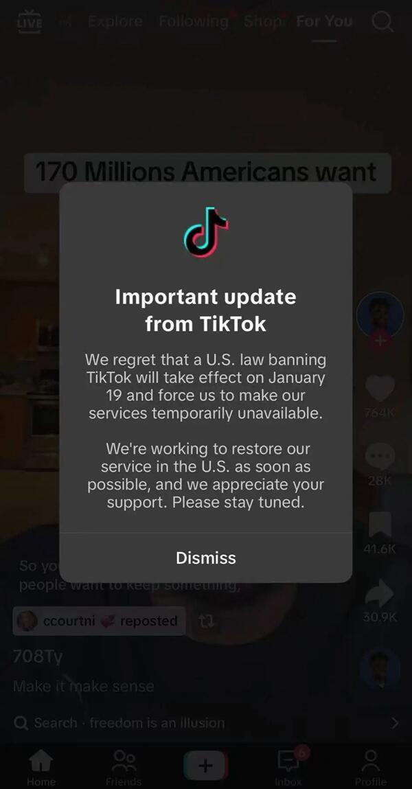 美官方禁令19日起生效，TikTok通知美国用户将暂停服务