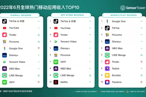 2022年6月全球热门移动应用收入TOP10