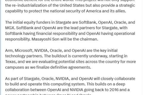 特朗普：OpenAI成立新公司Stargate，投资5000亿美元！