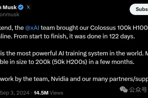 全球最大，马斯克4个月建成10万张H100超算集群！xAI算力超越OpenAI