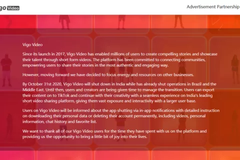 火山小视频海外版 Vigo Video 宣布将停止在印度运营