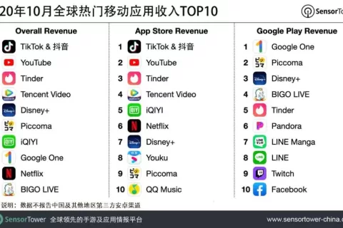 2020年10月全球热门移动应用收入TOP10