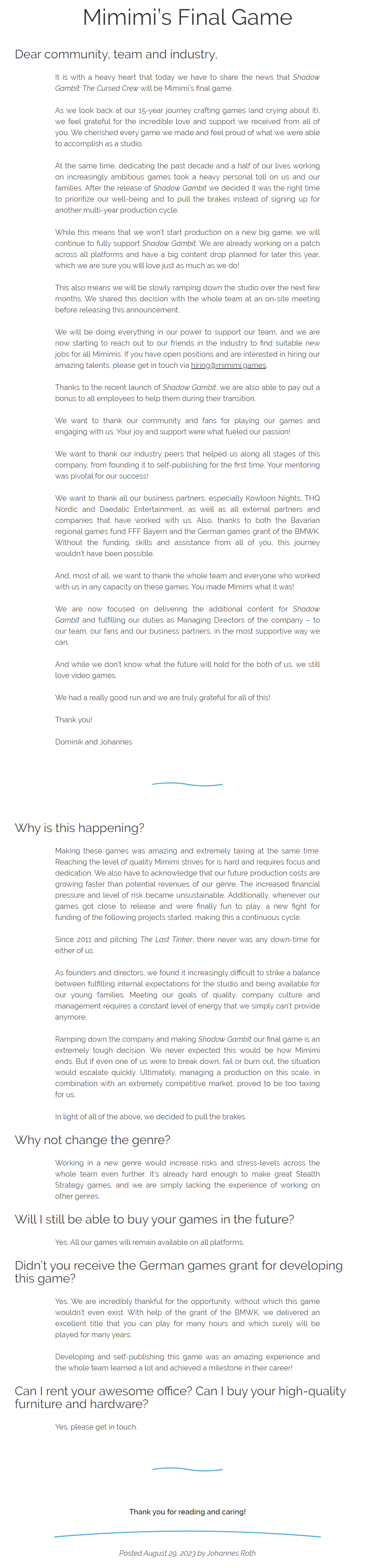 好评新作刚刚发售，这家工作室就宣布解散