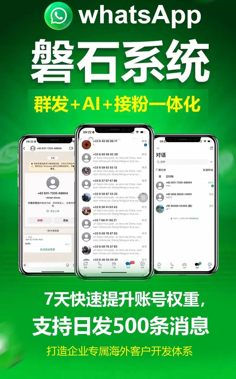 外贸出海难？whatsapp磐石系统揭秘WhatsApp绿标号/超级号，7×24护航全球精准获客！