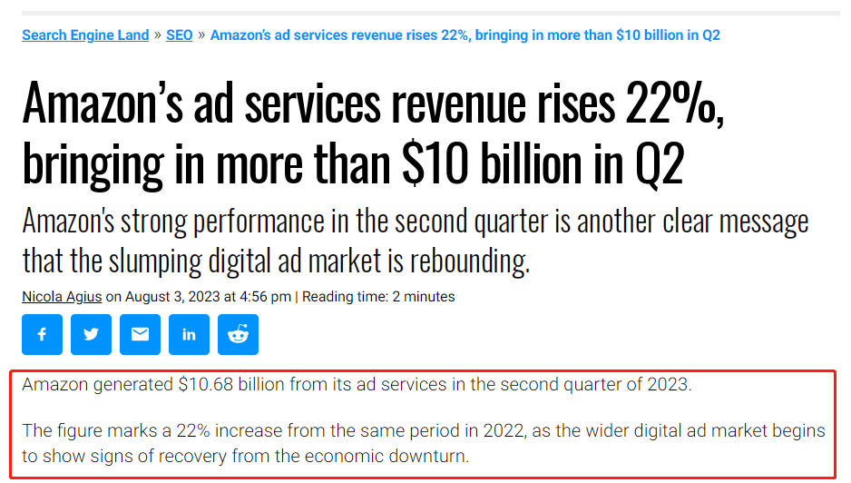 亚马逊广告业务逆势大涨，已连续四个季度增长超20%