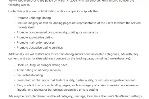 事关社交应用开发者，谷歌更新Dating广告政策信息，11种广告被禁止或限制投放