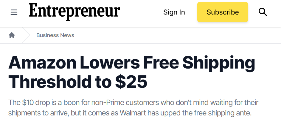 亚马逊美国站发布送货新规，非会员免邮门槛升至35美元