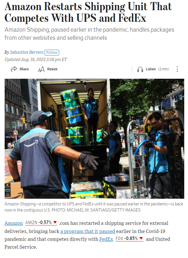 直面硬刚FedEx、UPS！亚马逊重启电商货运服务