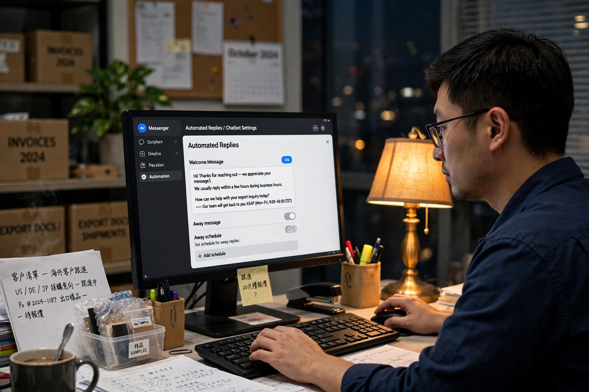 外贸业务员在电脑前设置Facebook Messenger自动回复
