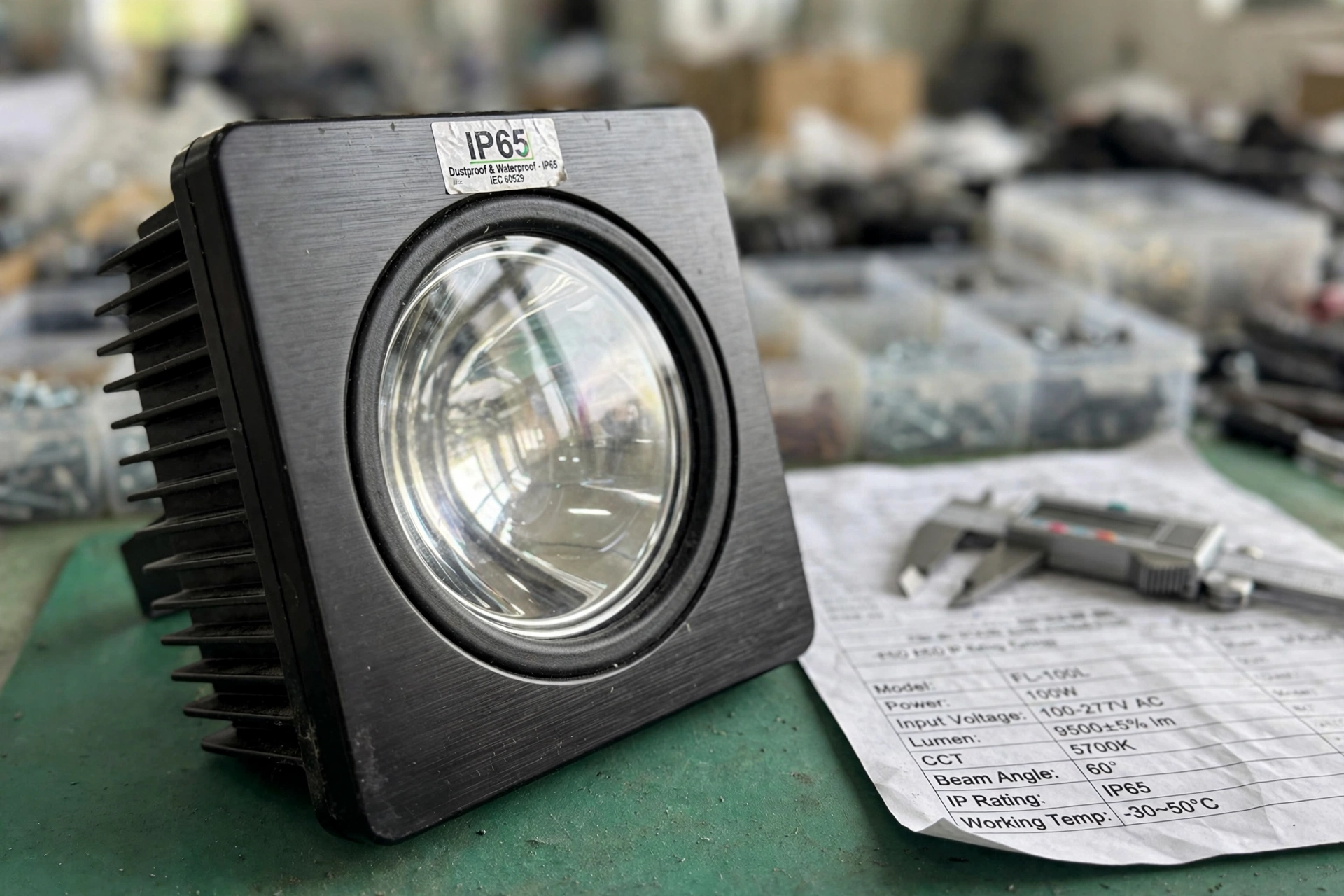 工厂质检台上IP65 LED投光灯与规格表实拍