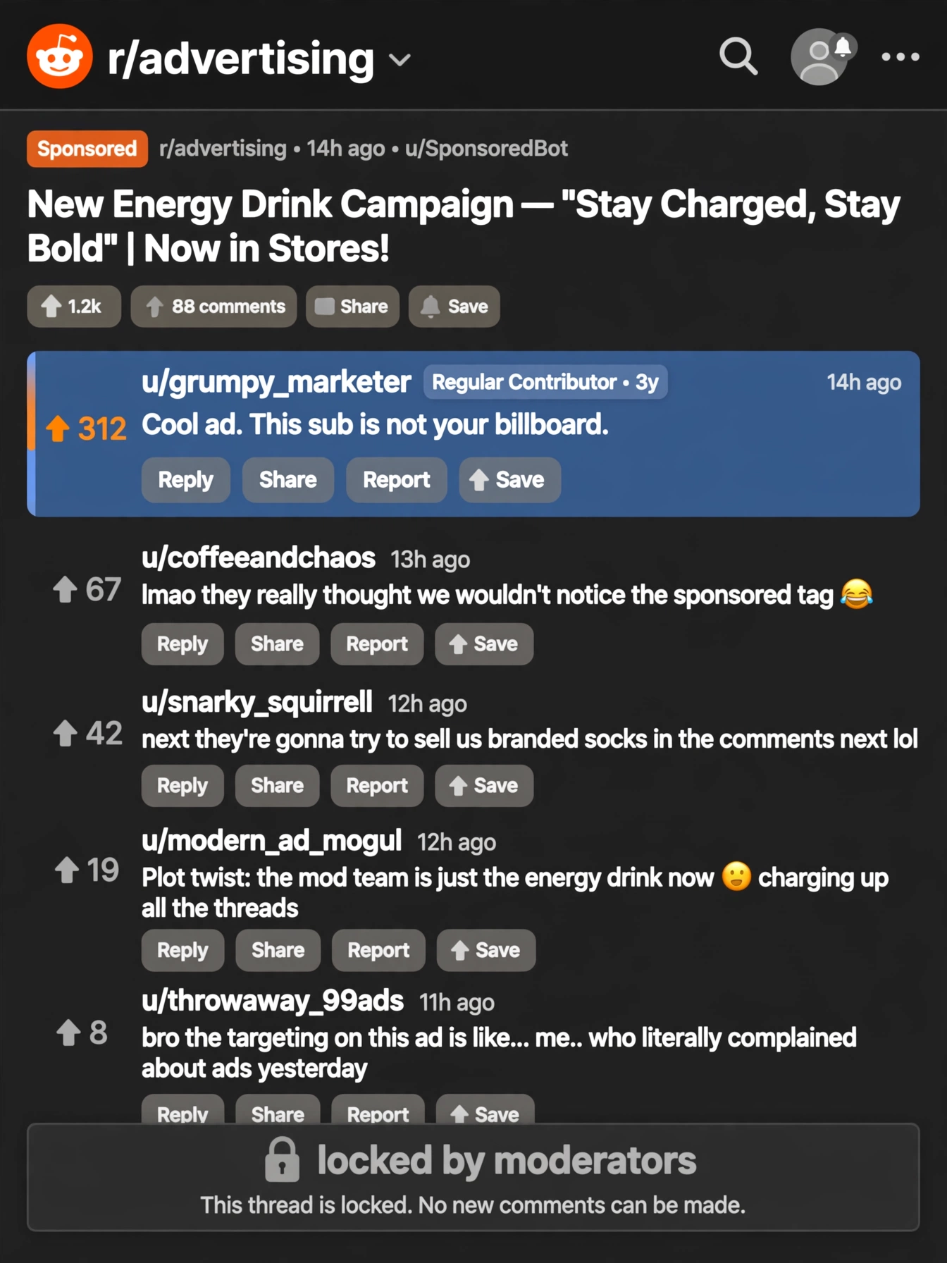 Reddit评论区质疑广告帖的高赞留言截图