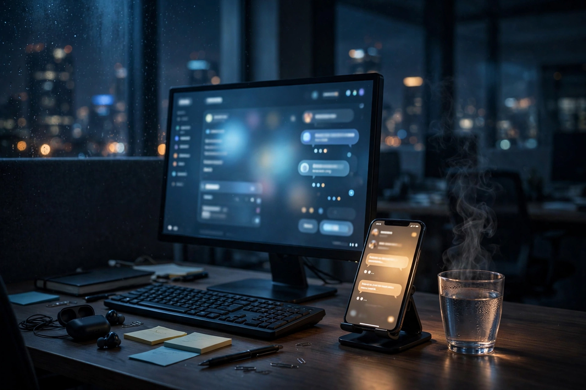 深夜办公室电脑与手机亮着Telegram Bot自动回复询盘