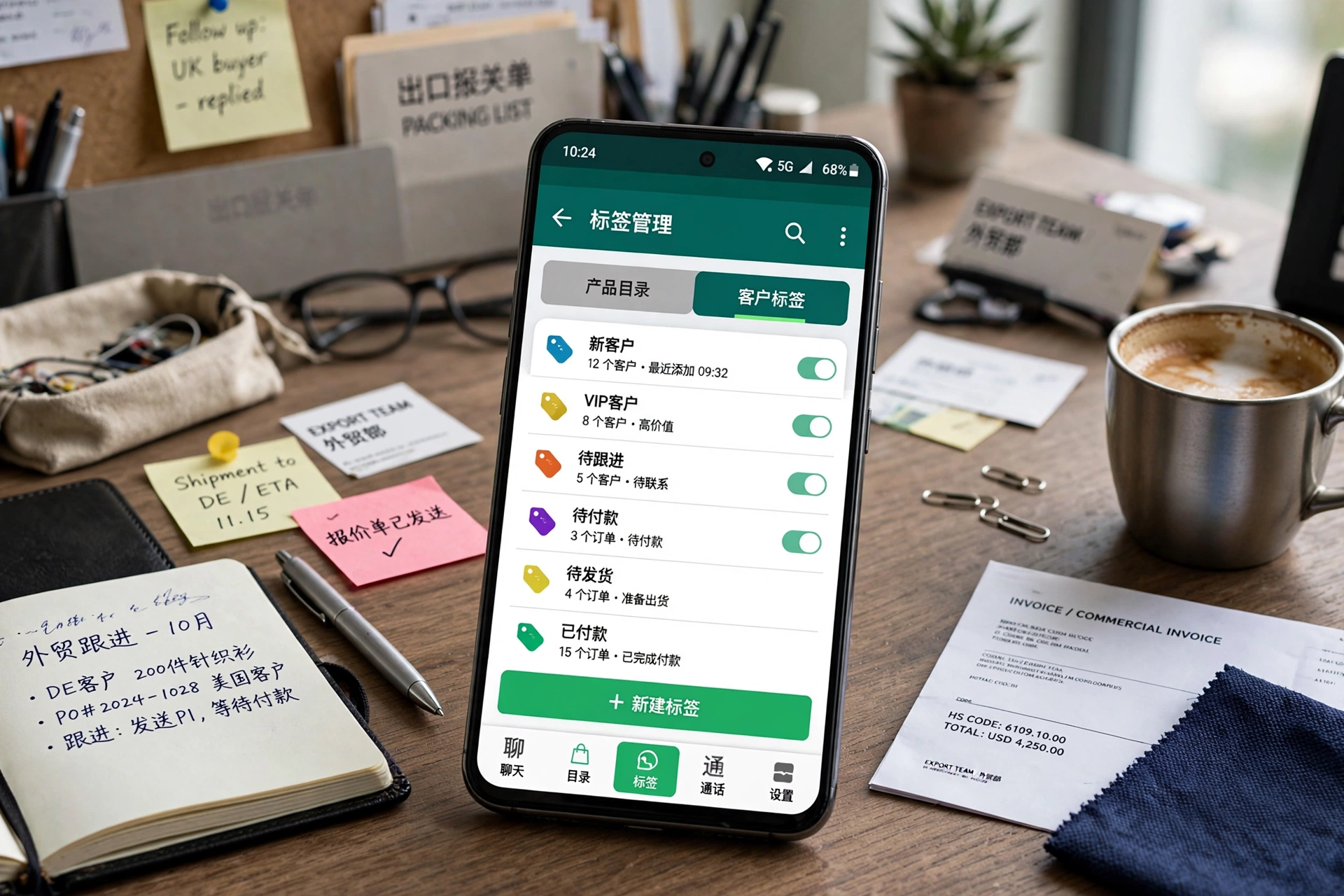 图：WhatsApp business的产品目录和标签，让外贸客户管理不用再靠脑子记。