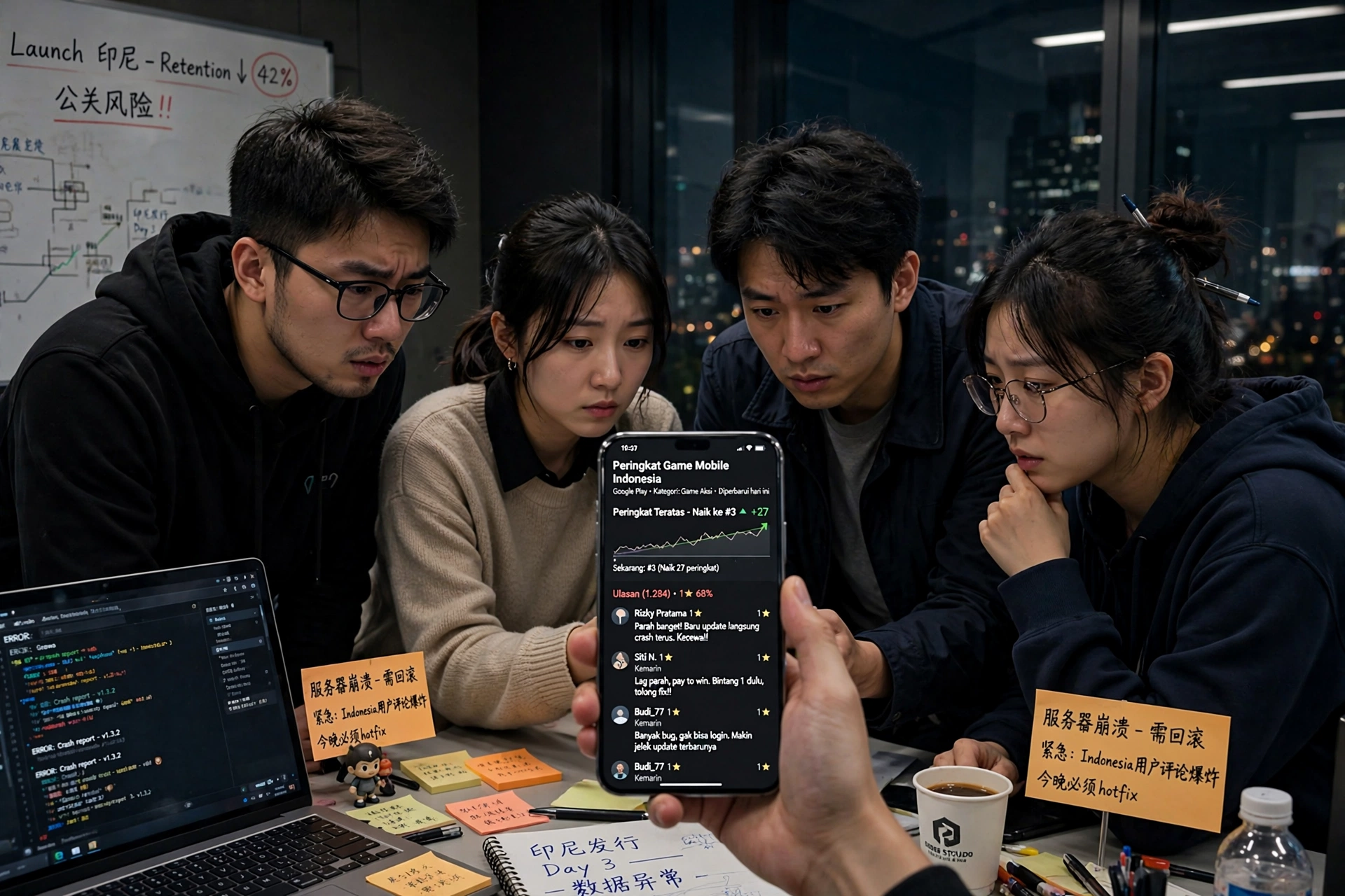 图1 游戏出海冲到印尼榜三那晚，评论区却全是看不懂的差评